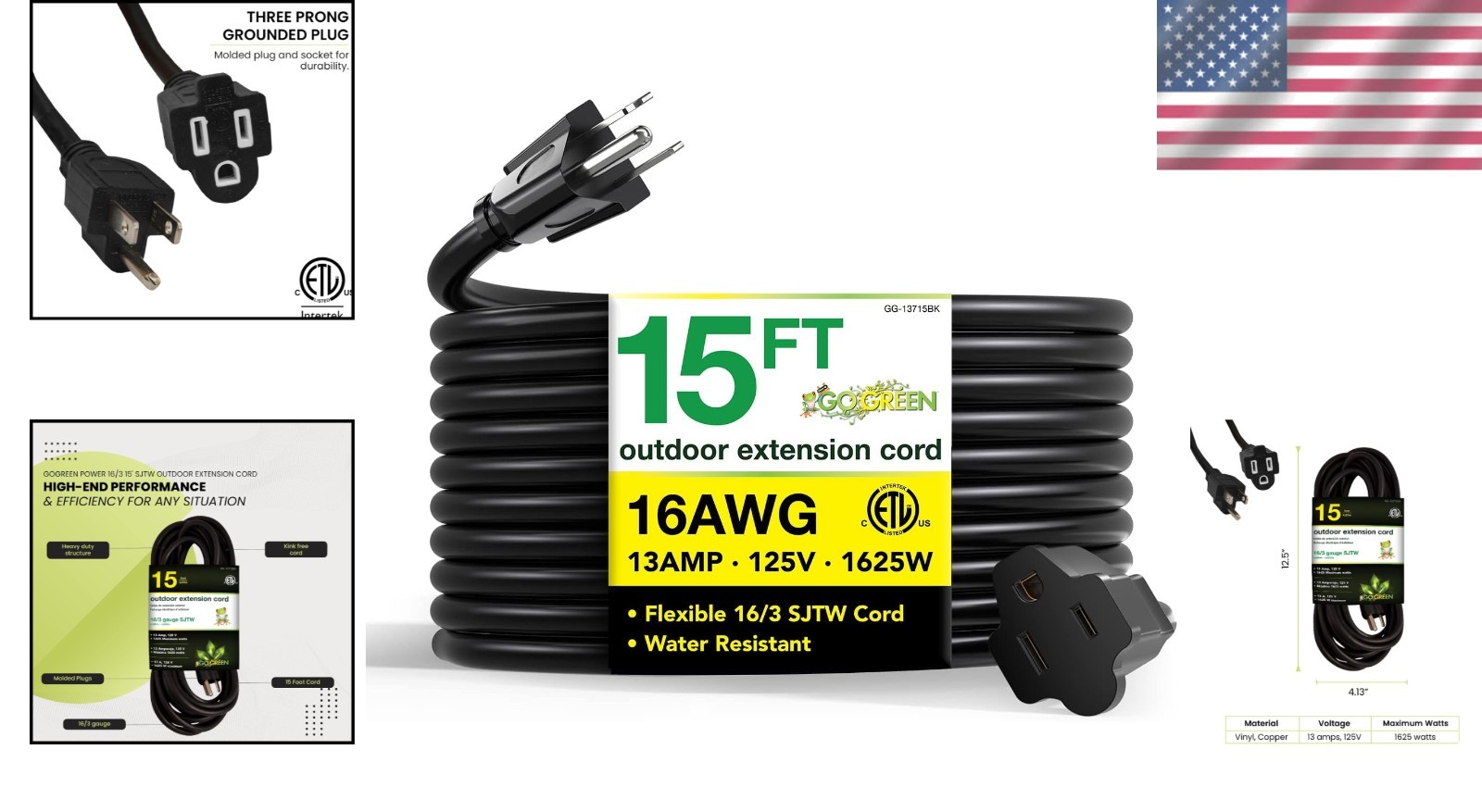 Go Green 15′ 16/3 SJTW Outdoor Extension Cord – Moisture & Abrasion Resistant