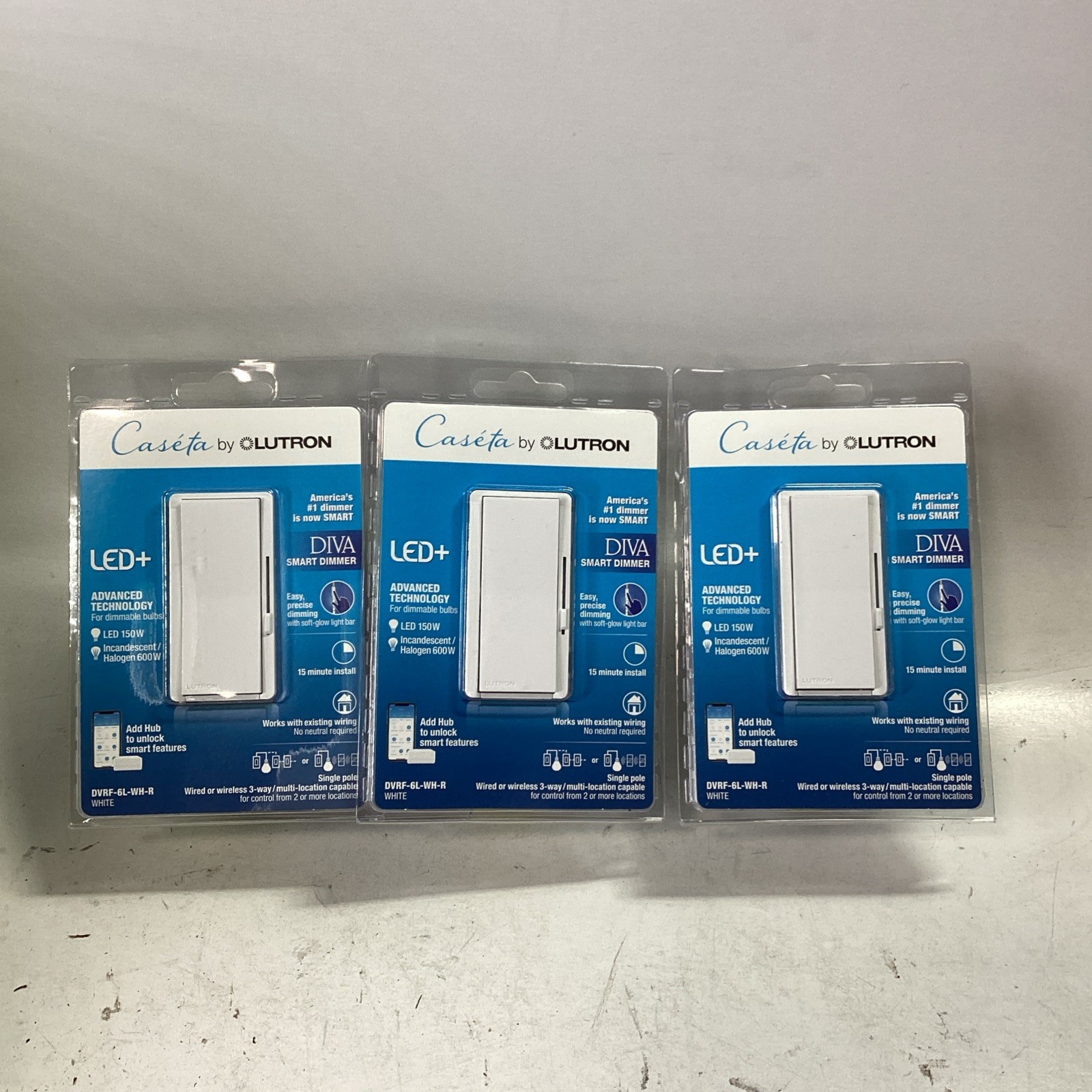 Box of 3 Lutron DVRF-6L-WH-R Diva Smart Dimmer White