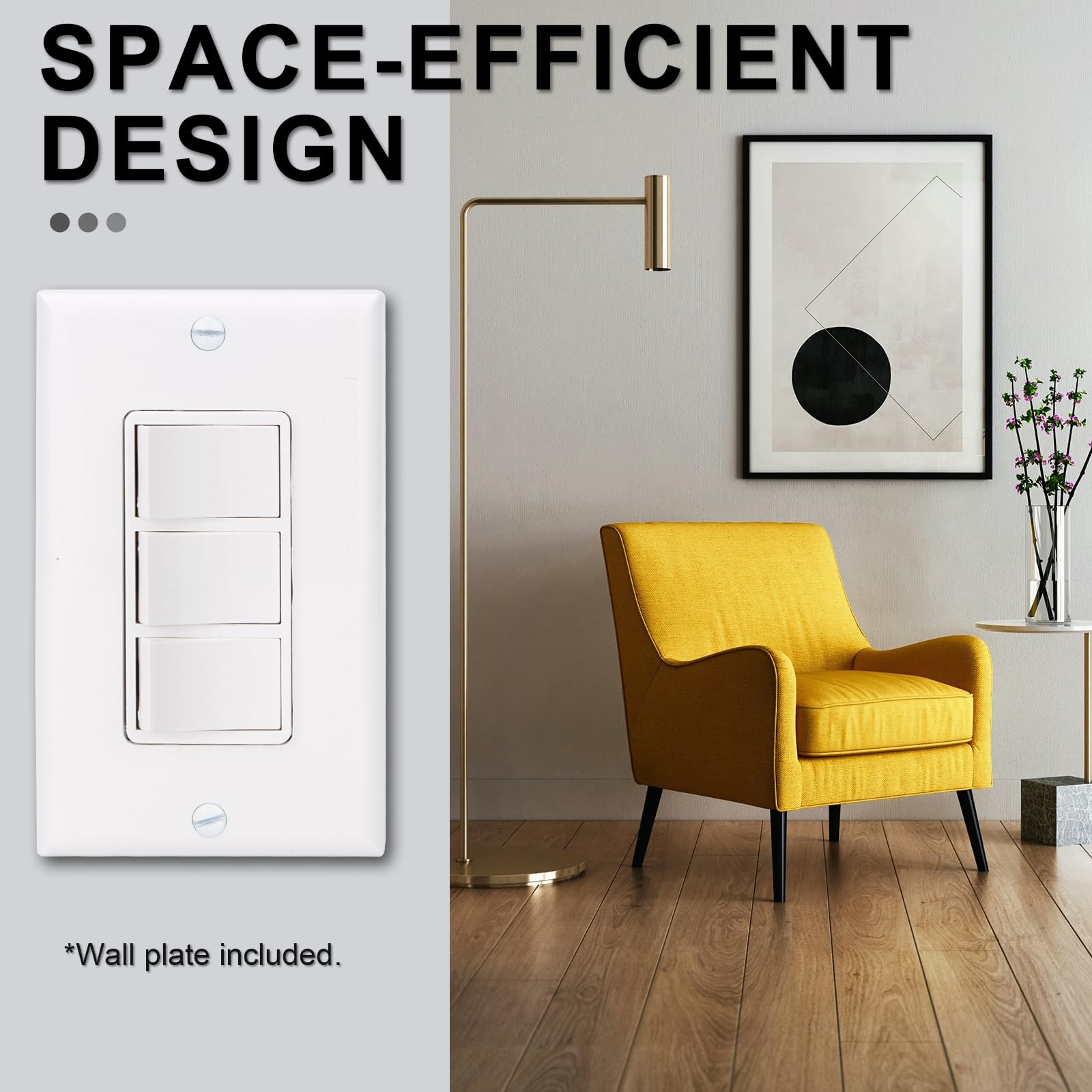 Triple Rocker Light Switch with Wall Plate, 15A 120V Single Pole, 3 Individua…
