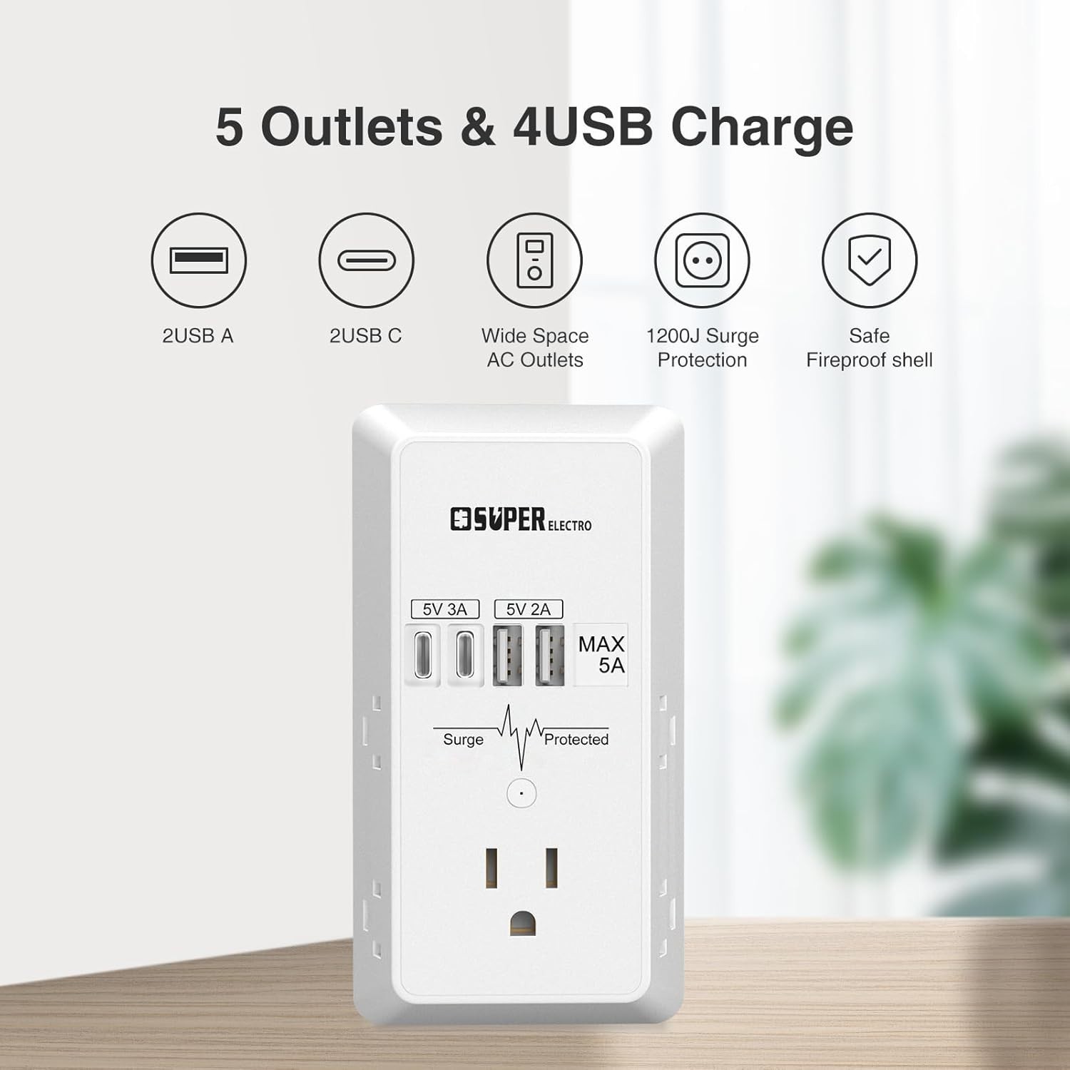 USB Wall Charger Surge Protector 5 Outlet Extender with 4 USB Charging Ports