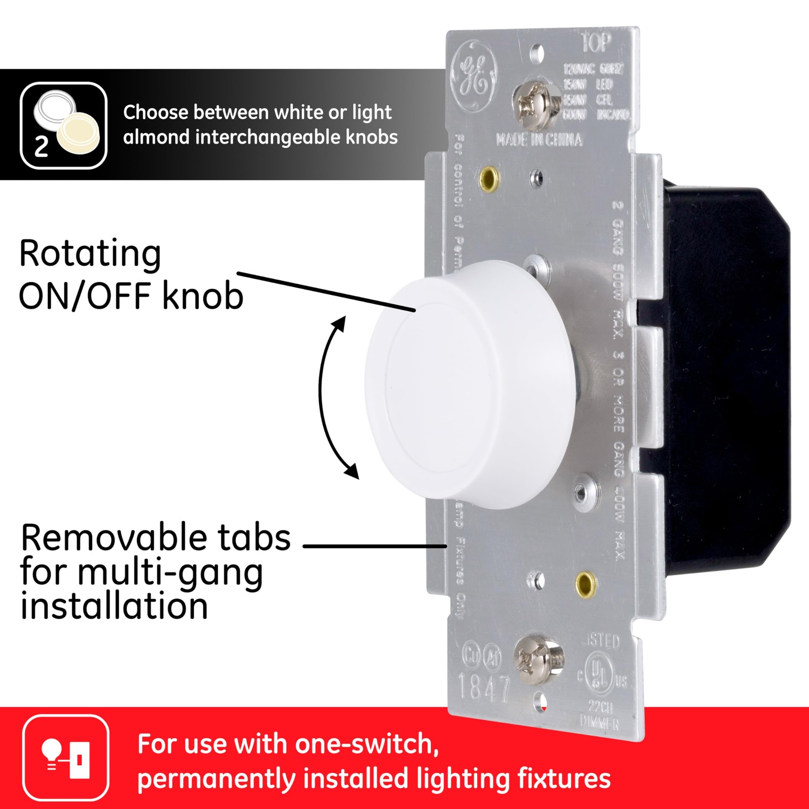 GE Rotary Dimmer Switch Single Pole White/Almond LED CFL Incandescent 18021