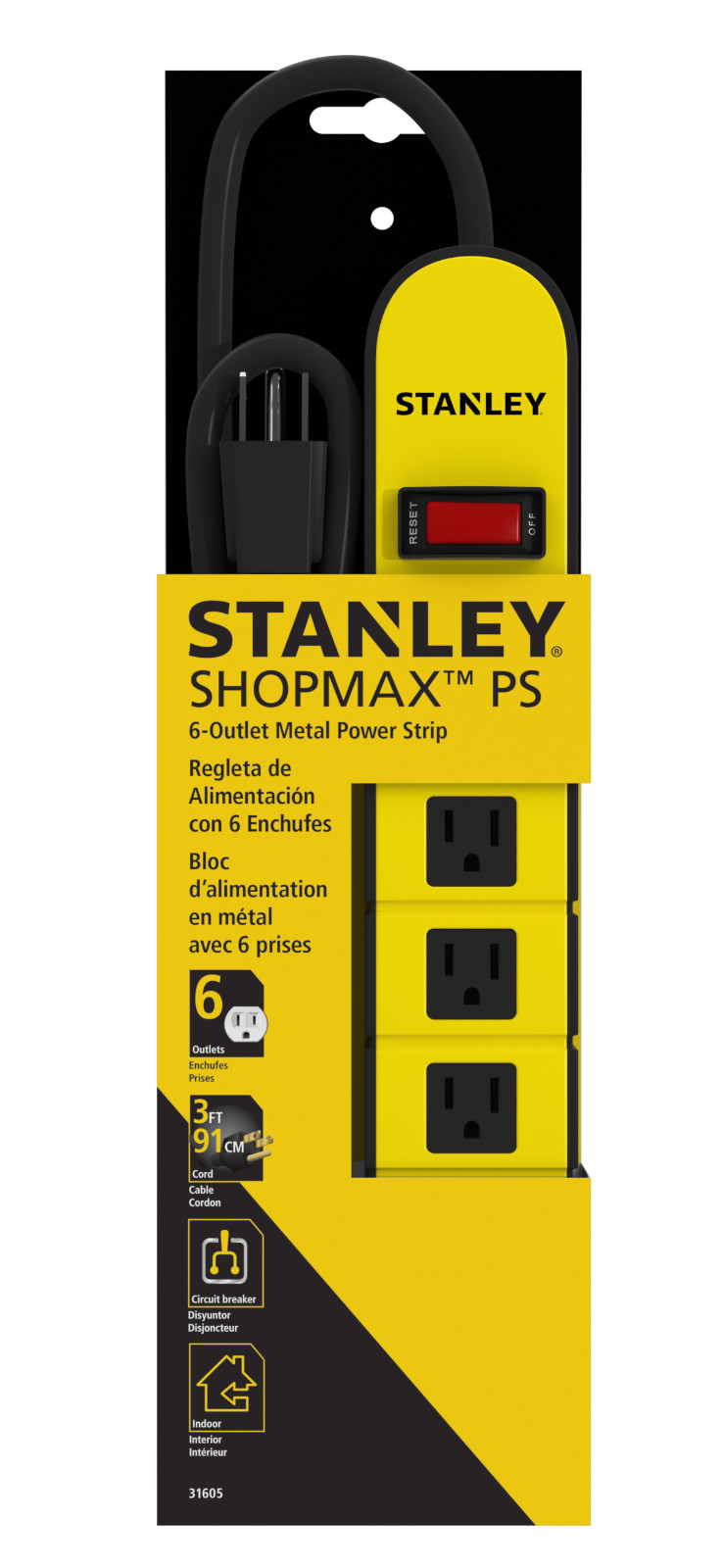 Stanley 31605 ShopMax 6-Outlet Metal Power Strip Yellow/Black New