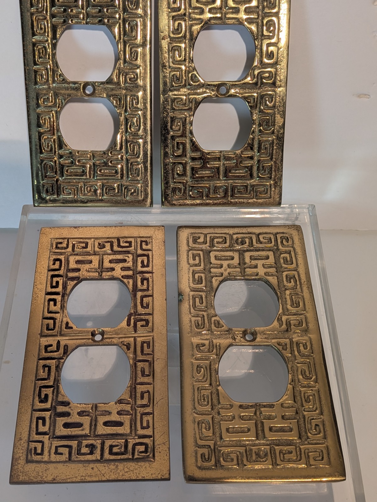 8 Brass Polished Oriental Outlet Plates Power MCM Greek Key Hollywood Regency