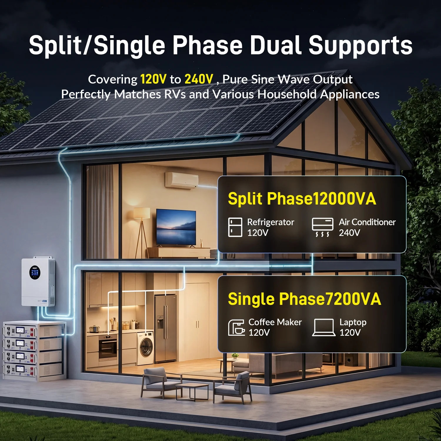 48V 100Ah Wall-Mounted Battery Active Balancing+ 48V Solar Inverter 120V/240V