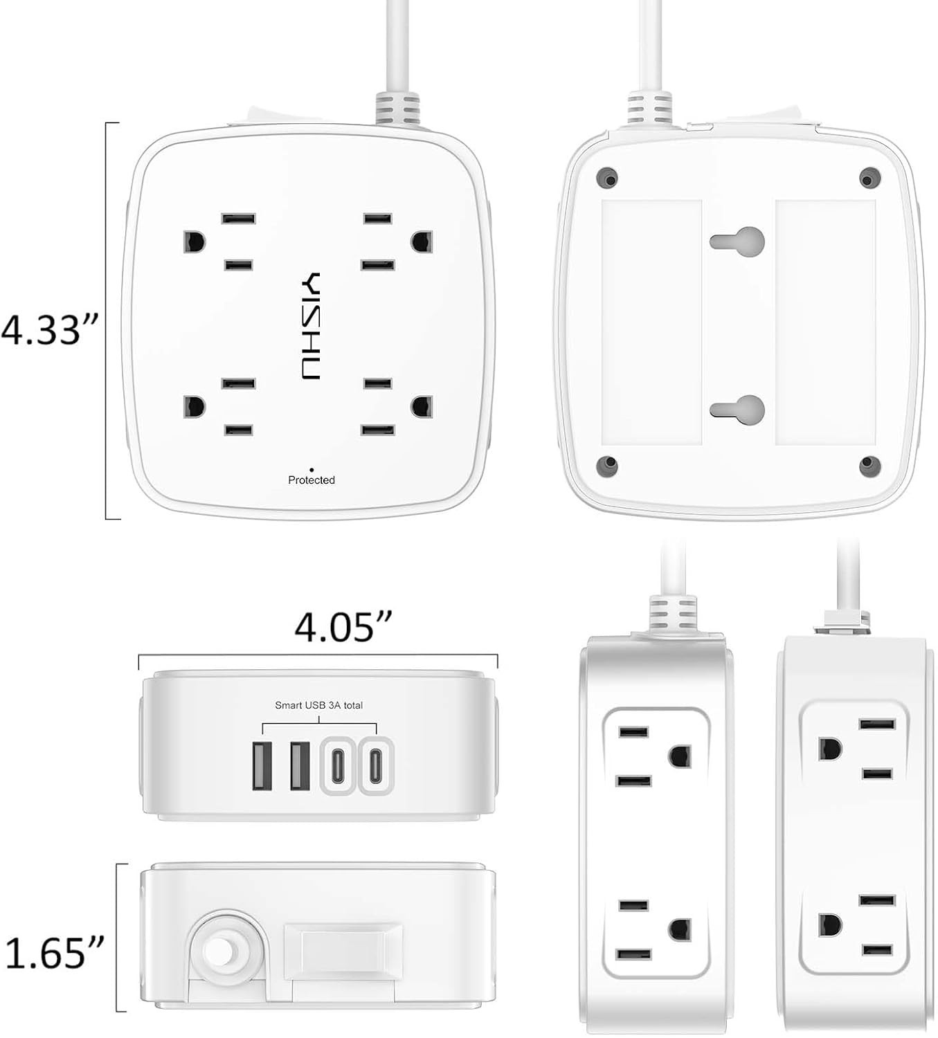 5ft Surge Protector Power Strip 8 Outlets 4 USB Ports Flat Plug ETL White