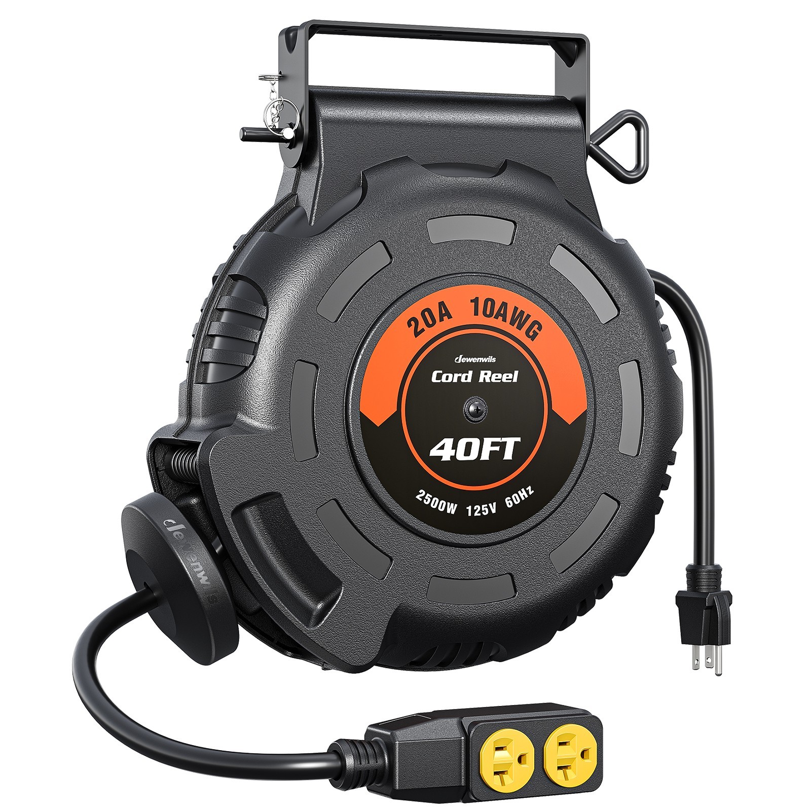 DEWENWILS 2500W Heavy Duty Power Cord Reel,10AWG/3C SJTW Industrial Cable