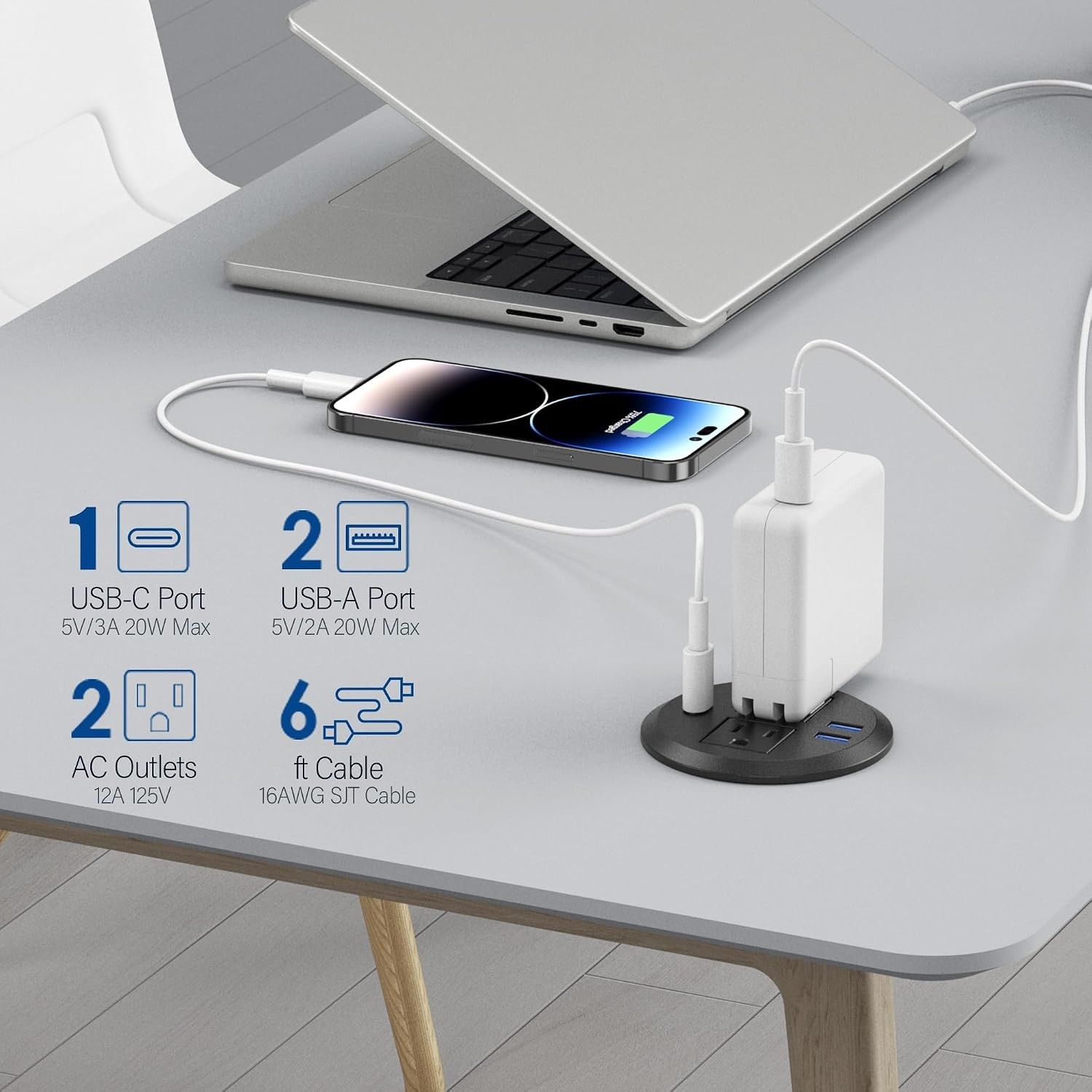 Stylish Flush Mount Desk Grommet with USB-C, Black (2-Pack)