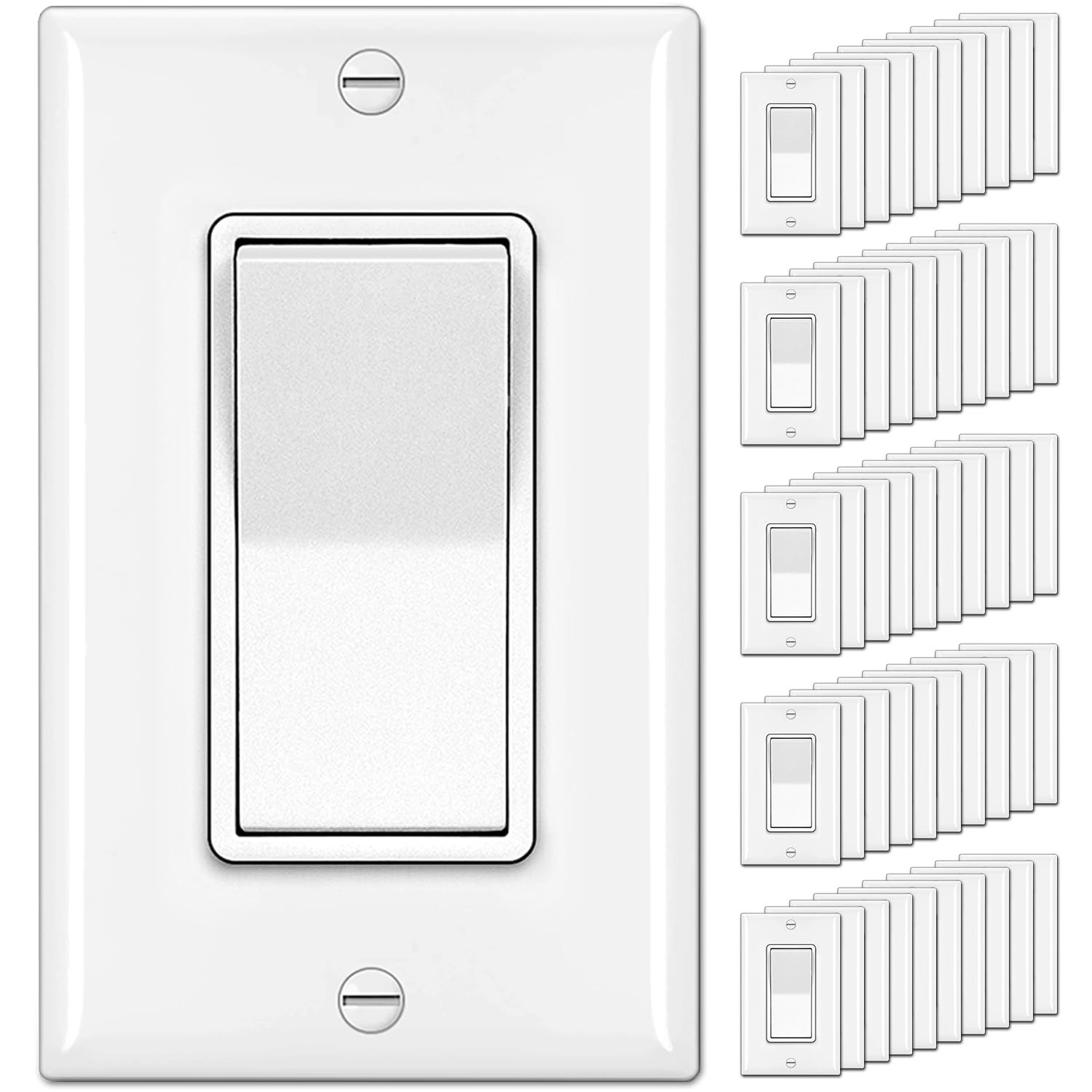 [50 Pack] Single Pole Decorator Wall Light Switch with Wallplate, 15A
