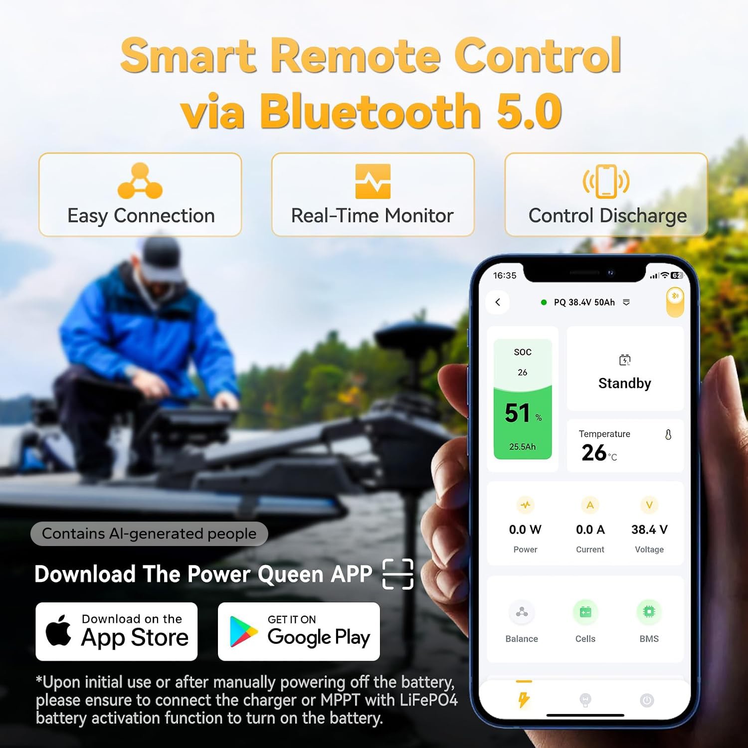 Power Queen 36V 50Ah Bluetooth LiFePO4 Battery Lithium for Marine Trolling Motor