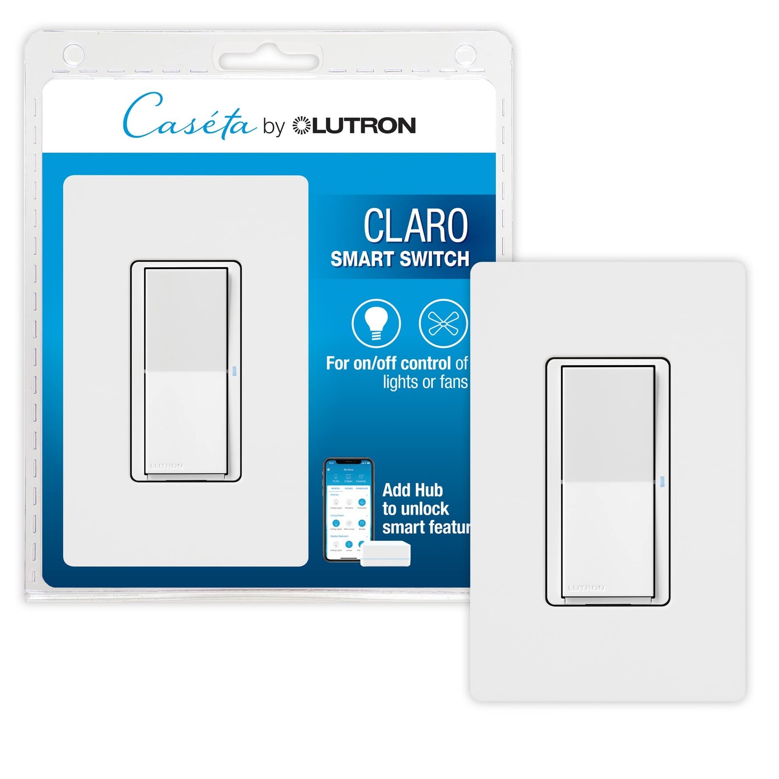 Lutron Claro Smart Light Switch w/ Wall Plate for Caseta 1 Pack, White