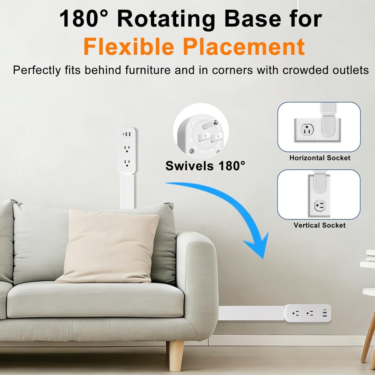 Electrical Outlet Extender 22-34 Inch Rotating Wall Plug with USB-A USB-C Out…