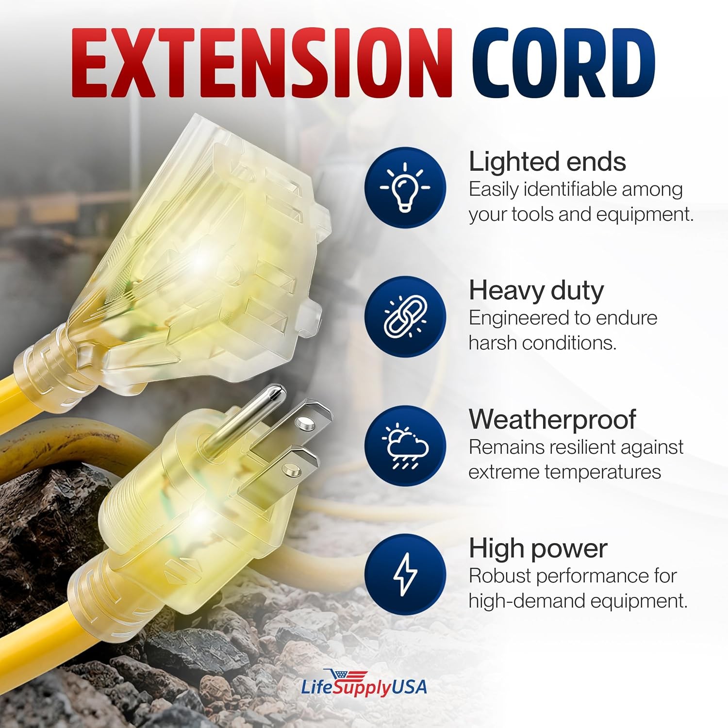 100ft Outdoor/Indoor Extension Cord 3-Outlet 12/3 Gauge Extra 3 Prong SJTW