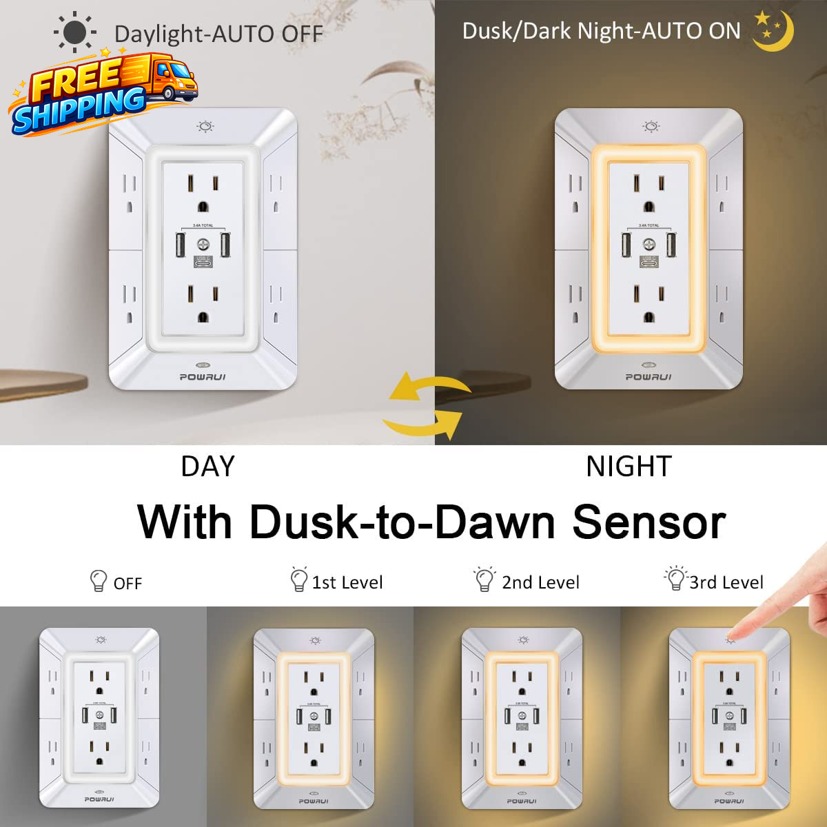 Multi Plug 6 Outlet Surge Protector Extender with 3 USB Ports 1 USB C and Night