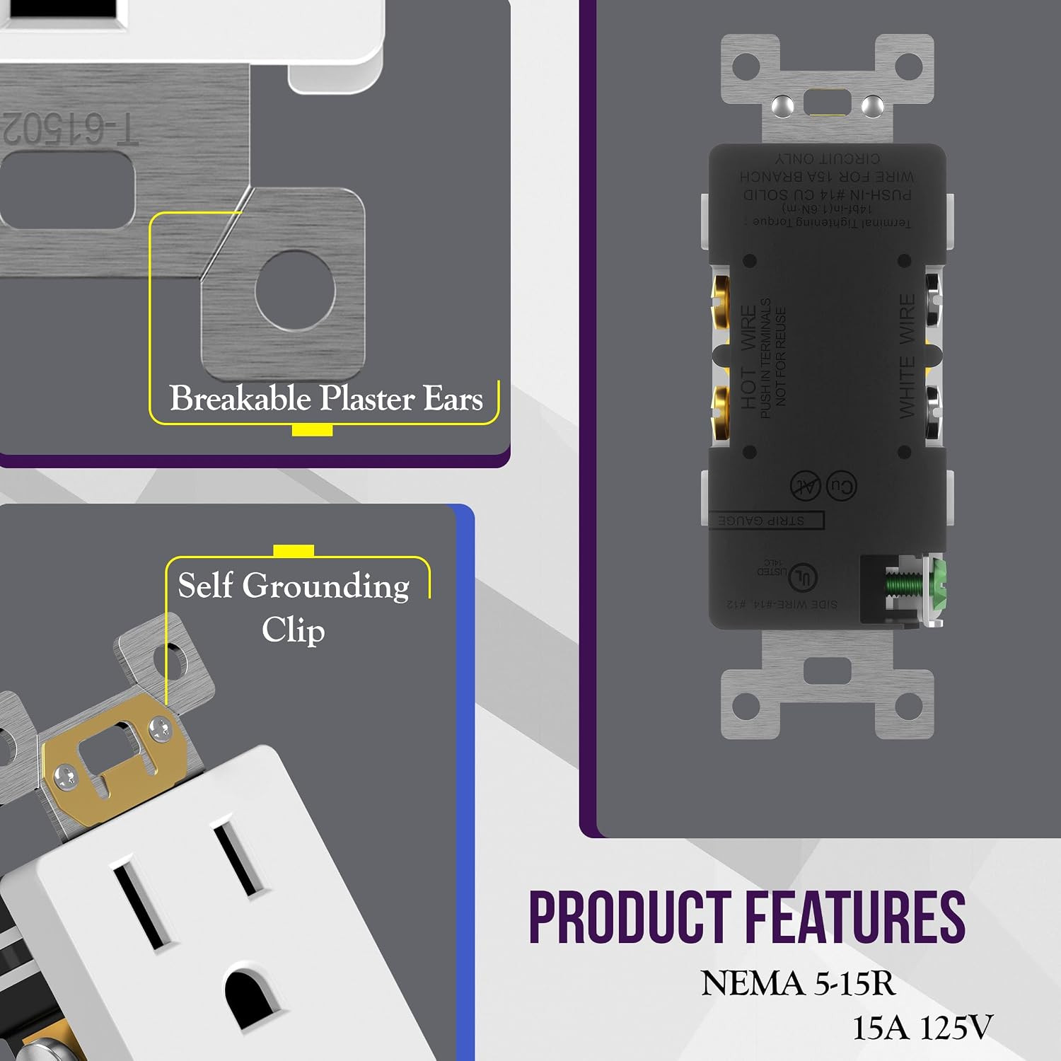 White Decorator Receptacle, Standard Electrical Wall Outlet, 15A 125V, Self