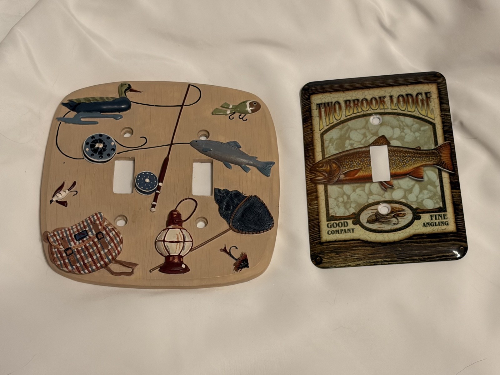 Lot of 2 Rustic Cabin Fishing Light Switch Cover, 3D Double, metal Single Toggle