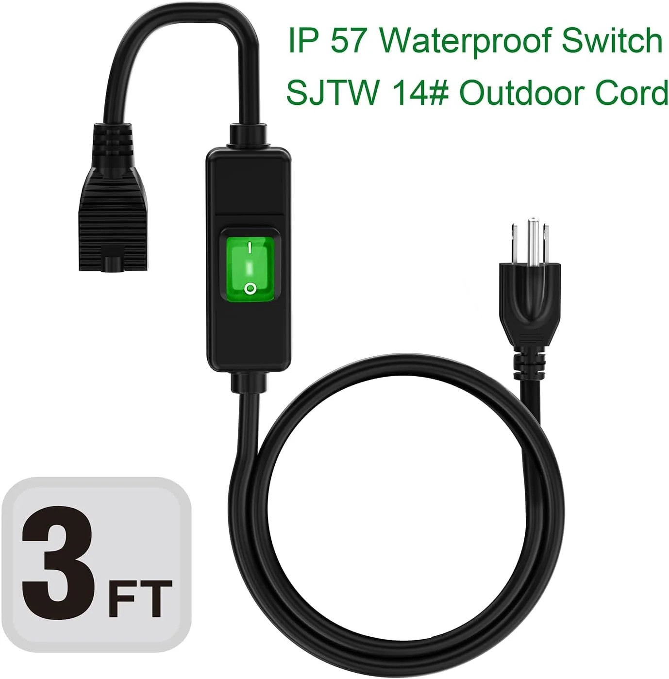 3Ft 3-Prong Outdoor Waterproof Extension Cord with In-Line On/Off Switch 20A 125