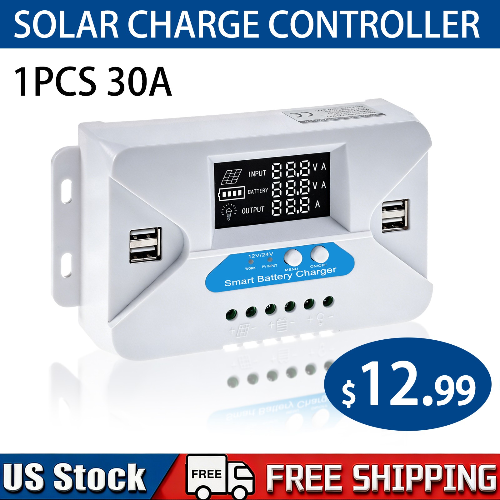 30A Solar Charge Controller Tools 12V 24V PV Battery Regulator with USB Port