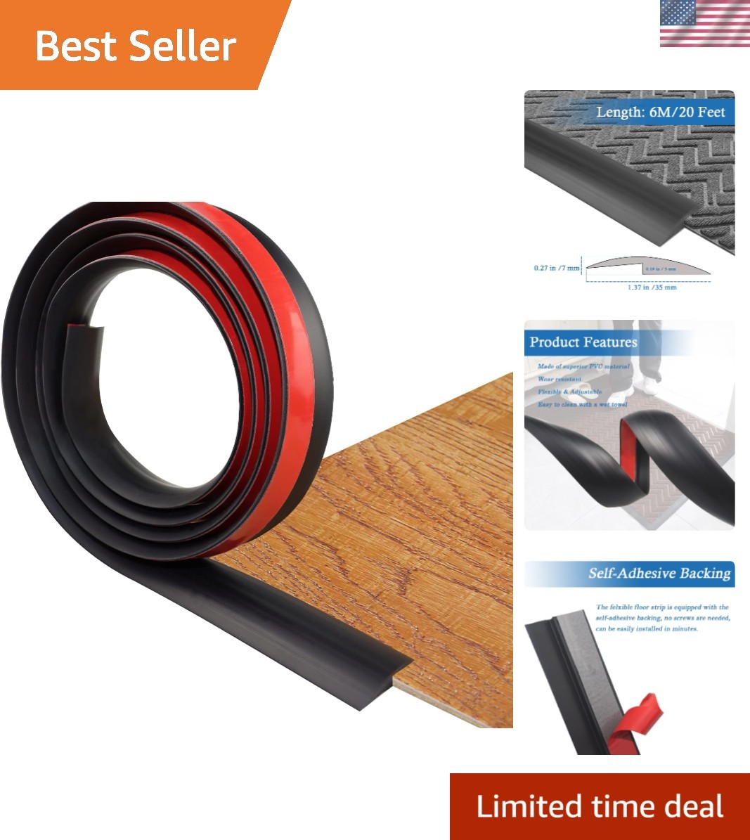 20ft Black Floor Transition Strip for Easy DIY Edging – Suitable for 5mm Height