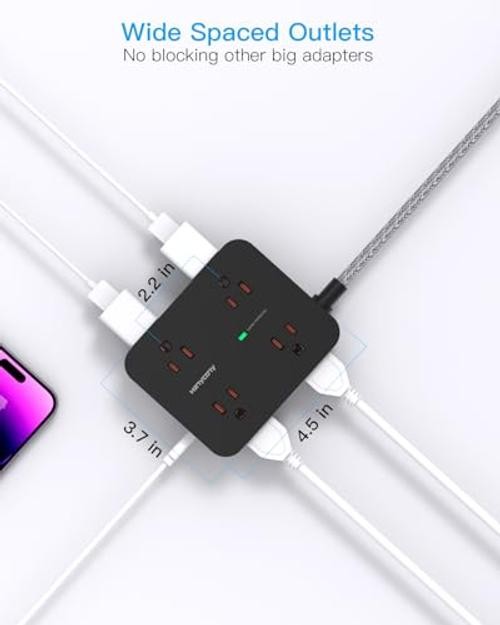 Surge Protector Power Strip, 1080J, 5 Ft Braided Extension Cord | 8 5ft Black