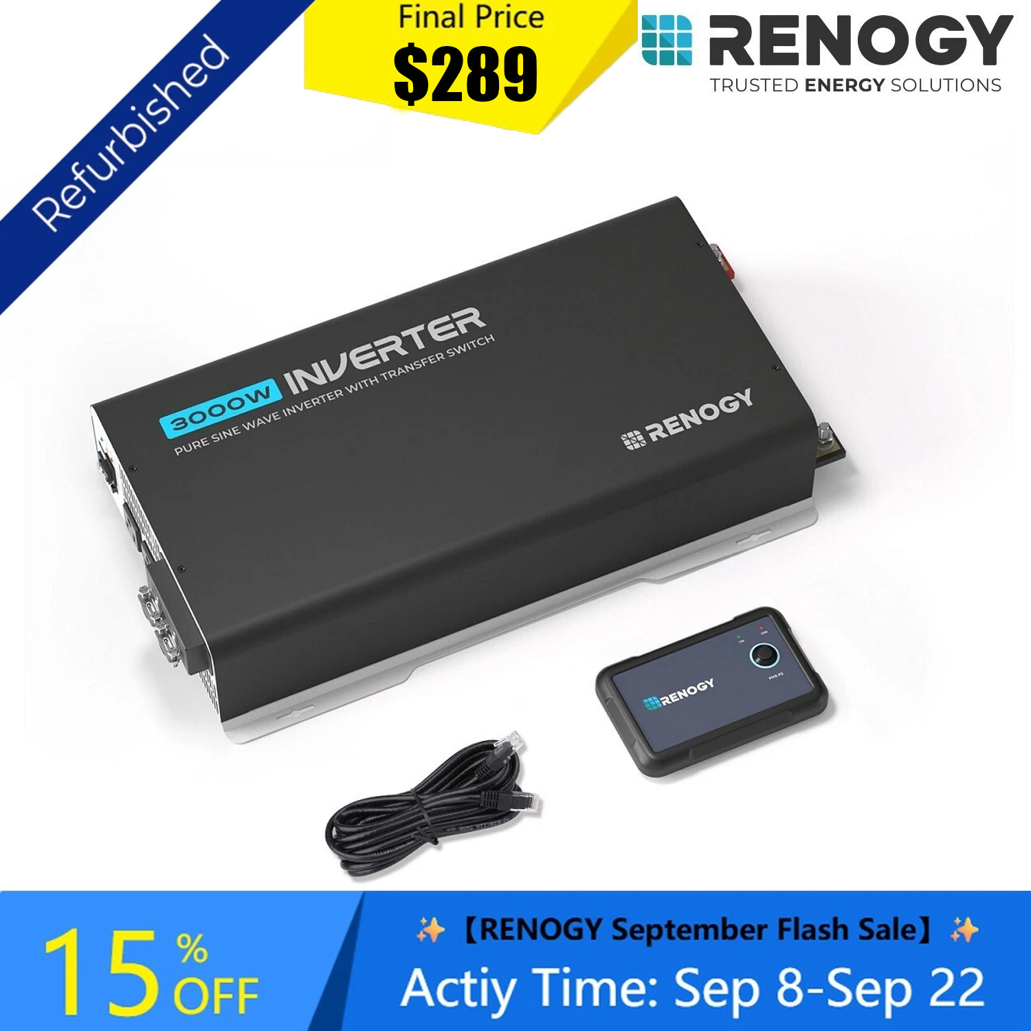 Renogy 12V 3000W Pure Sine Wave Power Inverter W/UPS Transfer Switch Refurbished