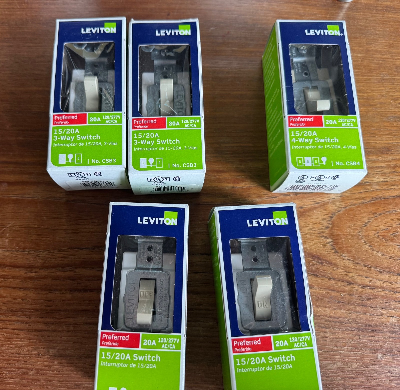 Lot of 5 New Leviton Light Switches- one-4-way, two-3-way & two-single Switches