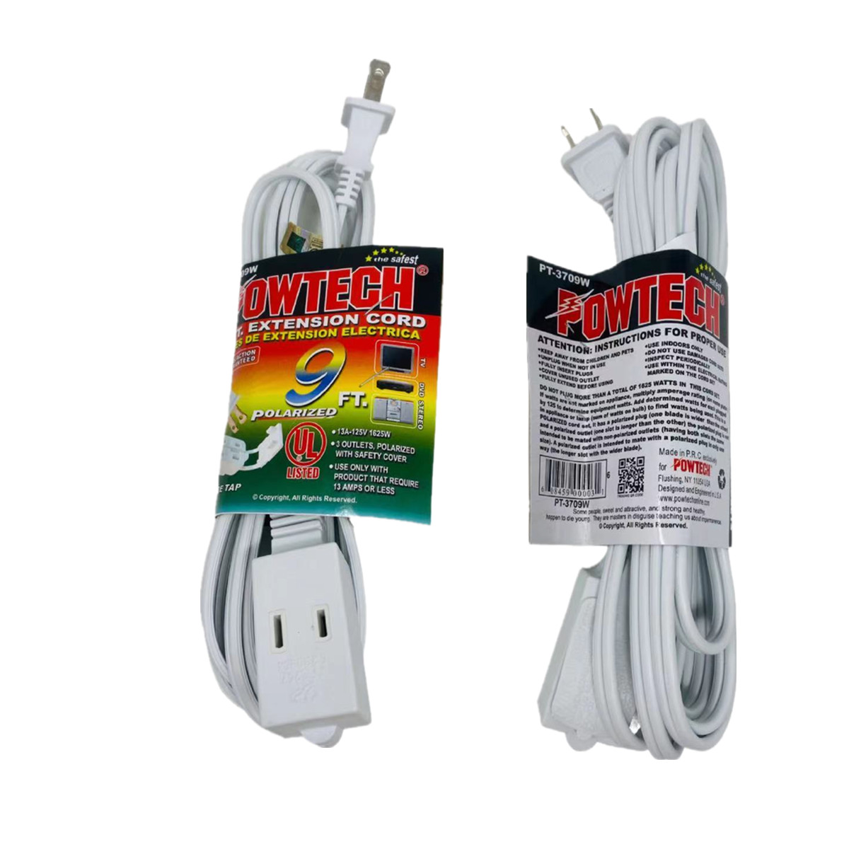 2 Pack 9 FT 3 Outlet Indoor Wall AC Extension Cord Cable Safety Switch UL Listed