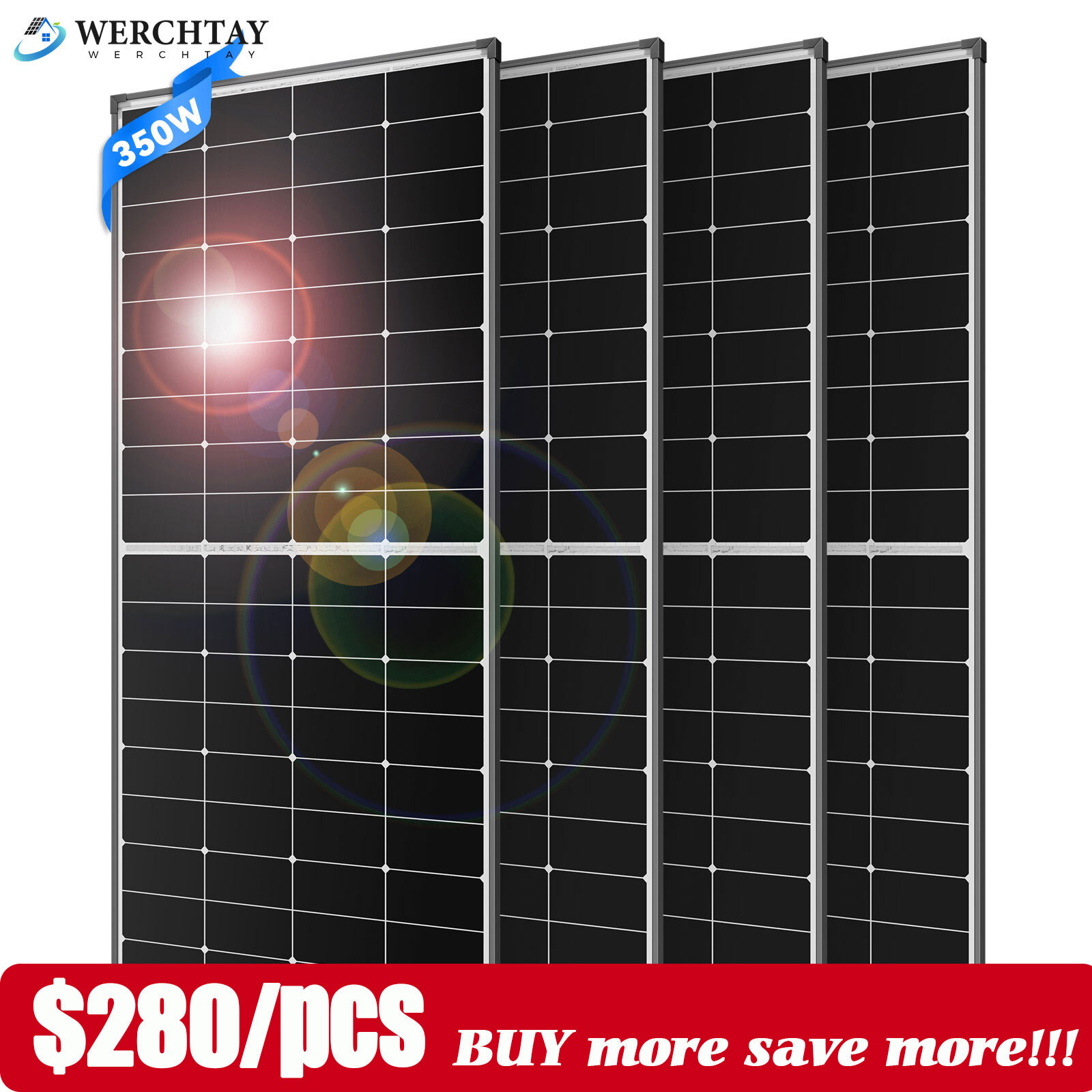 350W 12V Mono Solar Panel High Efficiency Rooftop Home Off-Grid Power Farm Yacht