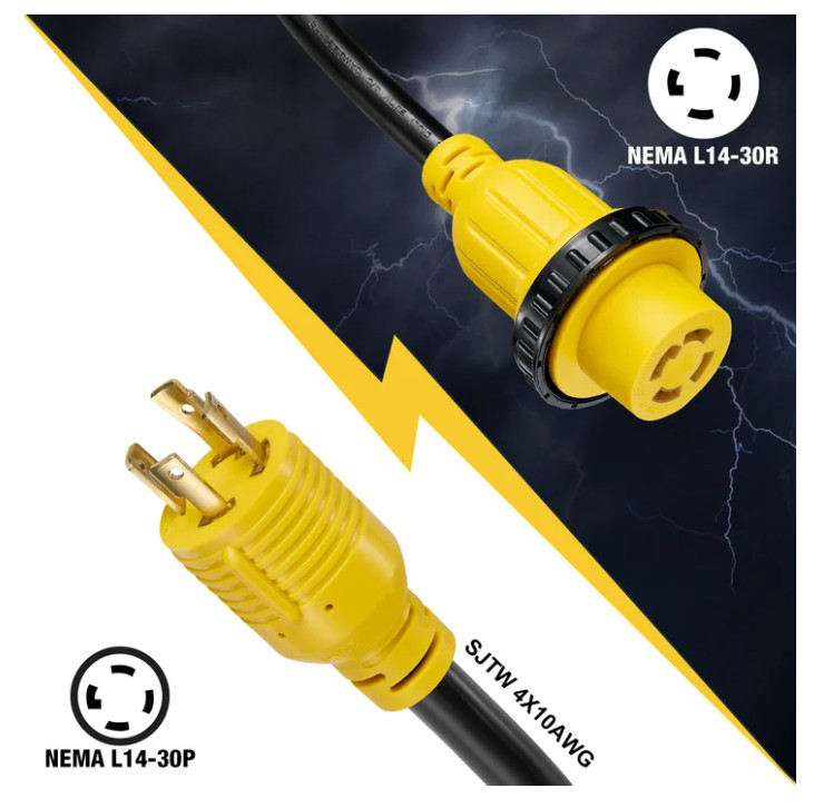 RV Generator Extension Cord 30A 20FT with Power Inlet Box L14-30P to L14-30R