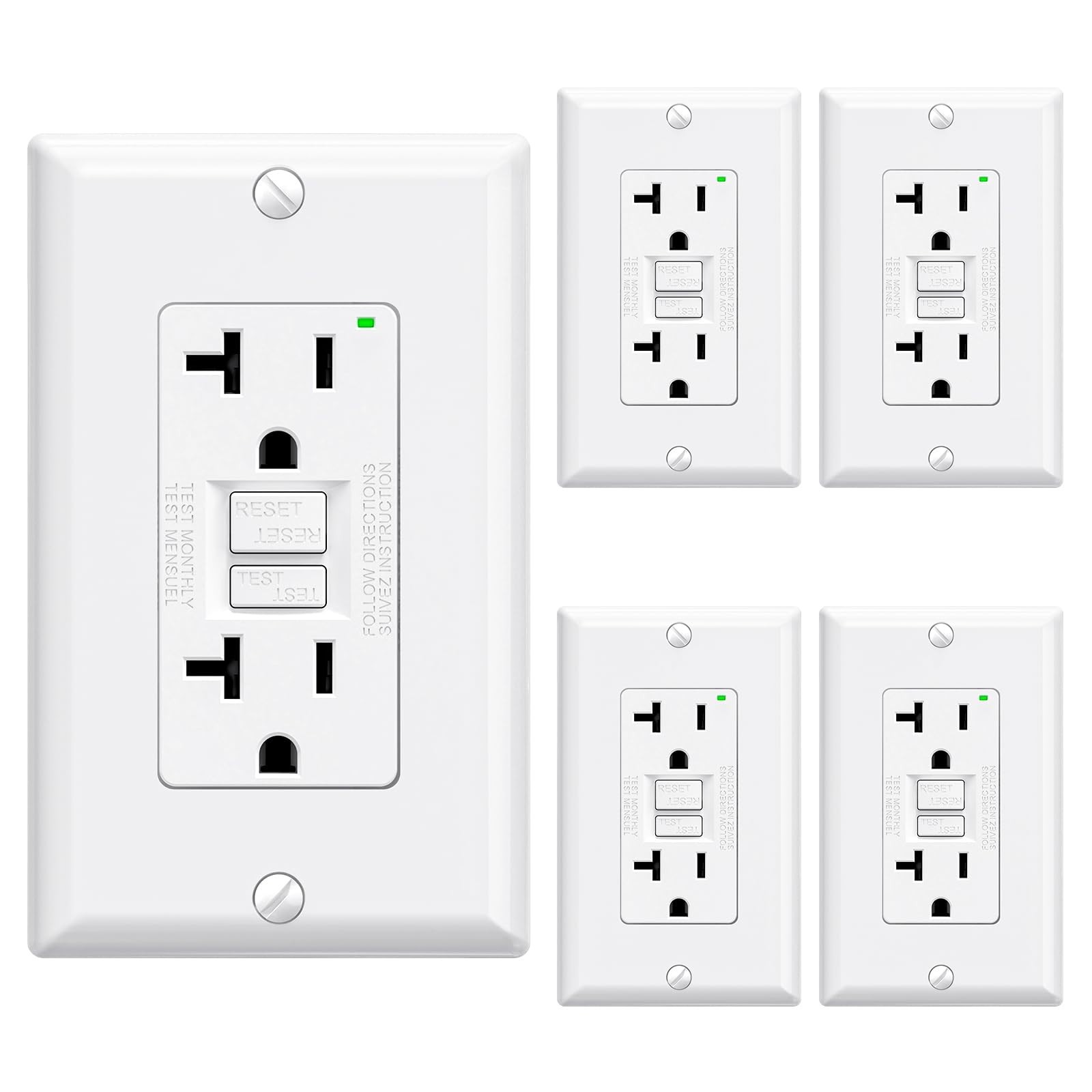 20 Amp GFCI Outlet, Self-Test Electrical Receptacle, LED Indicator, Narrow Desig