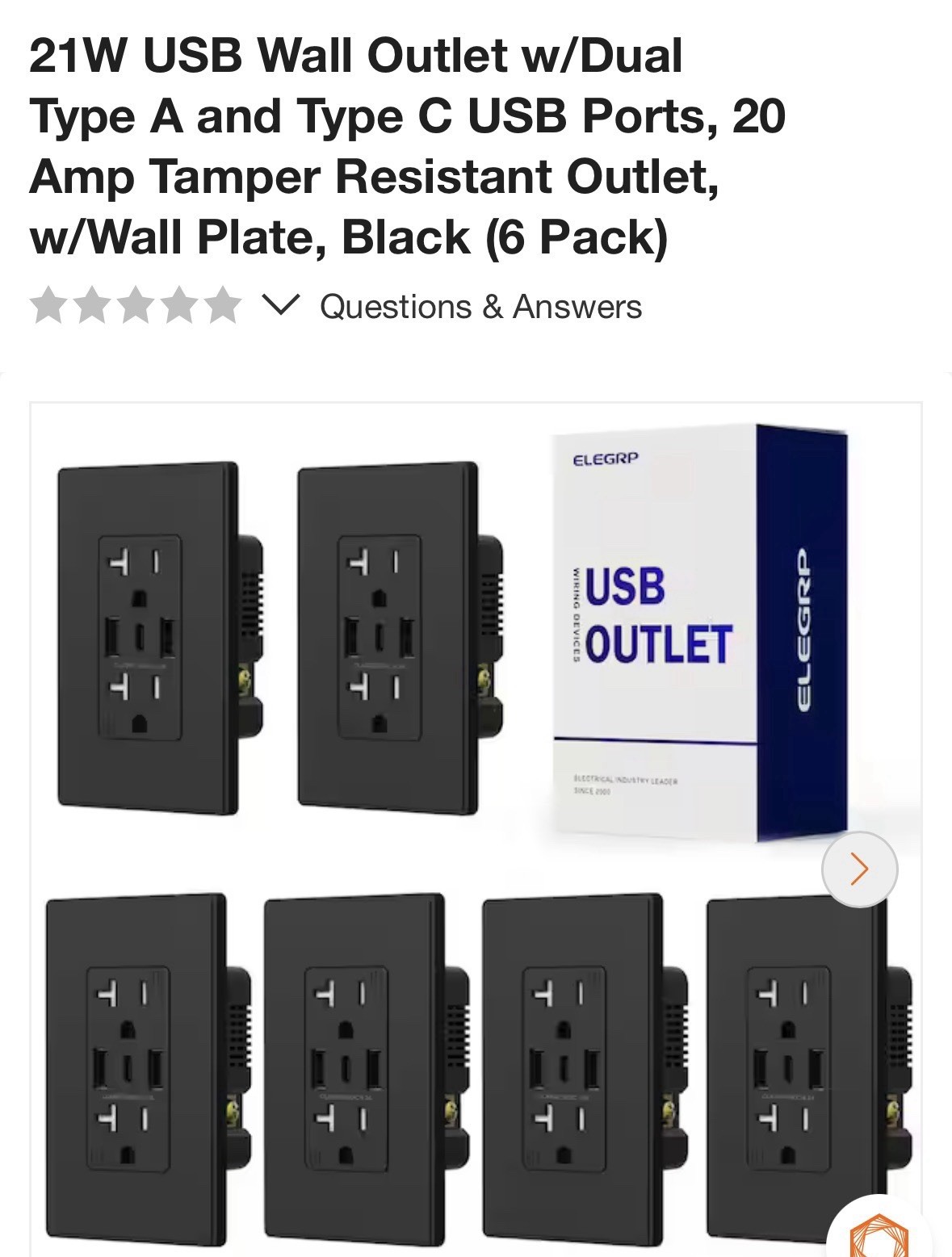 6-Pack ELEGRP 21 Watt (3 USB Chargers) 20-Amp Duplex Tamper Resistant Receptacle
