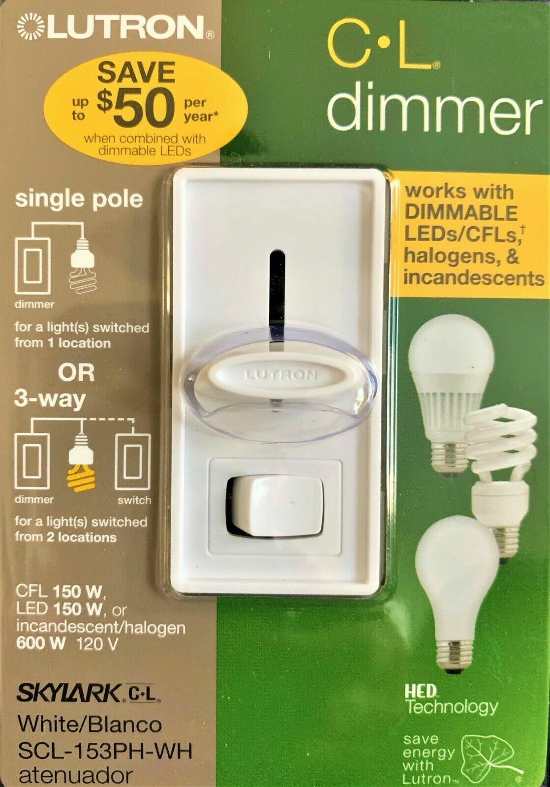 Lutron SCL-153PH-WH 120V Slide Dimmer Switch LED SINGLE POLE OR 3 WAY