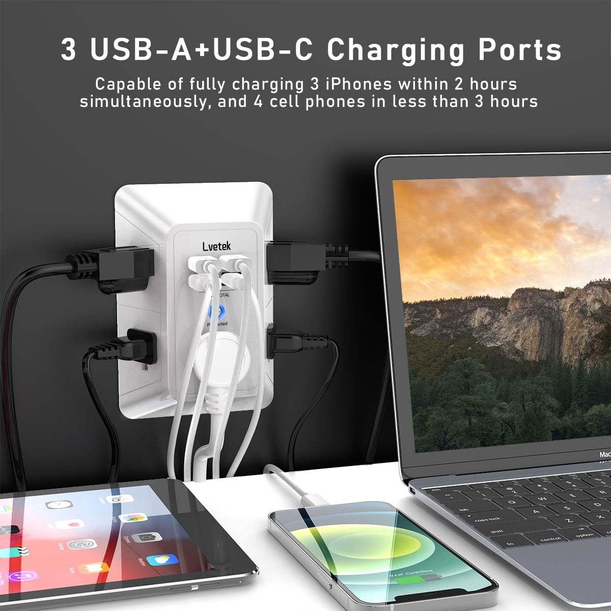 White 3U1C Multi Plug Wall Outlet Extender with 4 USB Charging Ports and 1 USB C