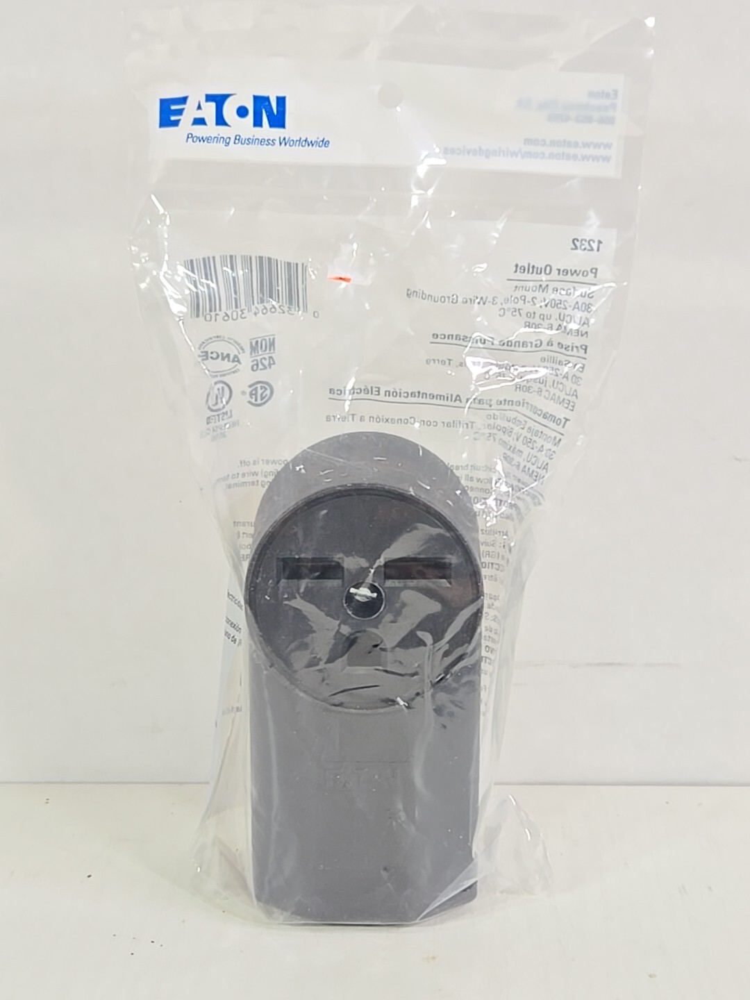 Eaton 1232 30-Amp 2-Pole 3-Wire 240-Volt Surface Mount Power Receptacle, Black