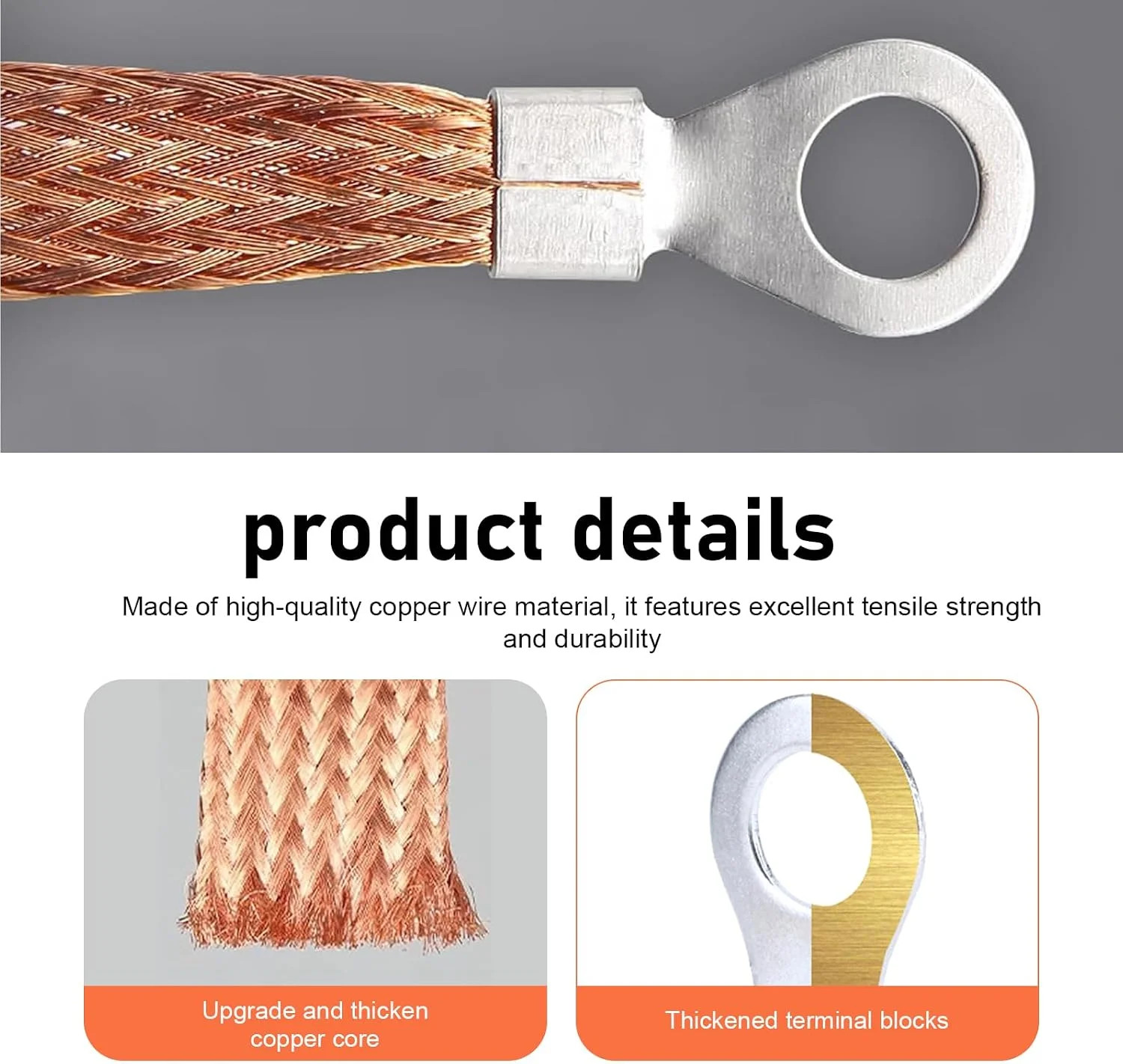 5 PCS Car Ground Wires, 2 Sizes Copper Braided Grounding Strap, Flexible Ring Te