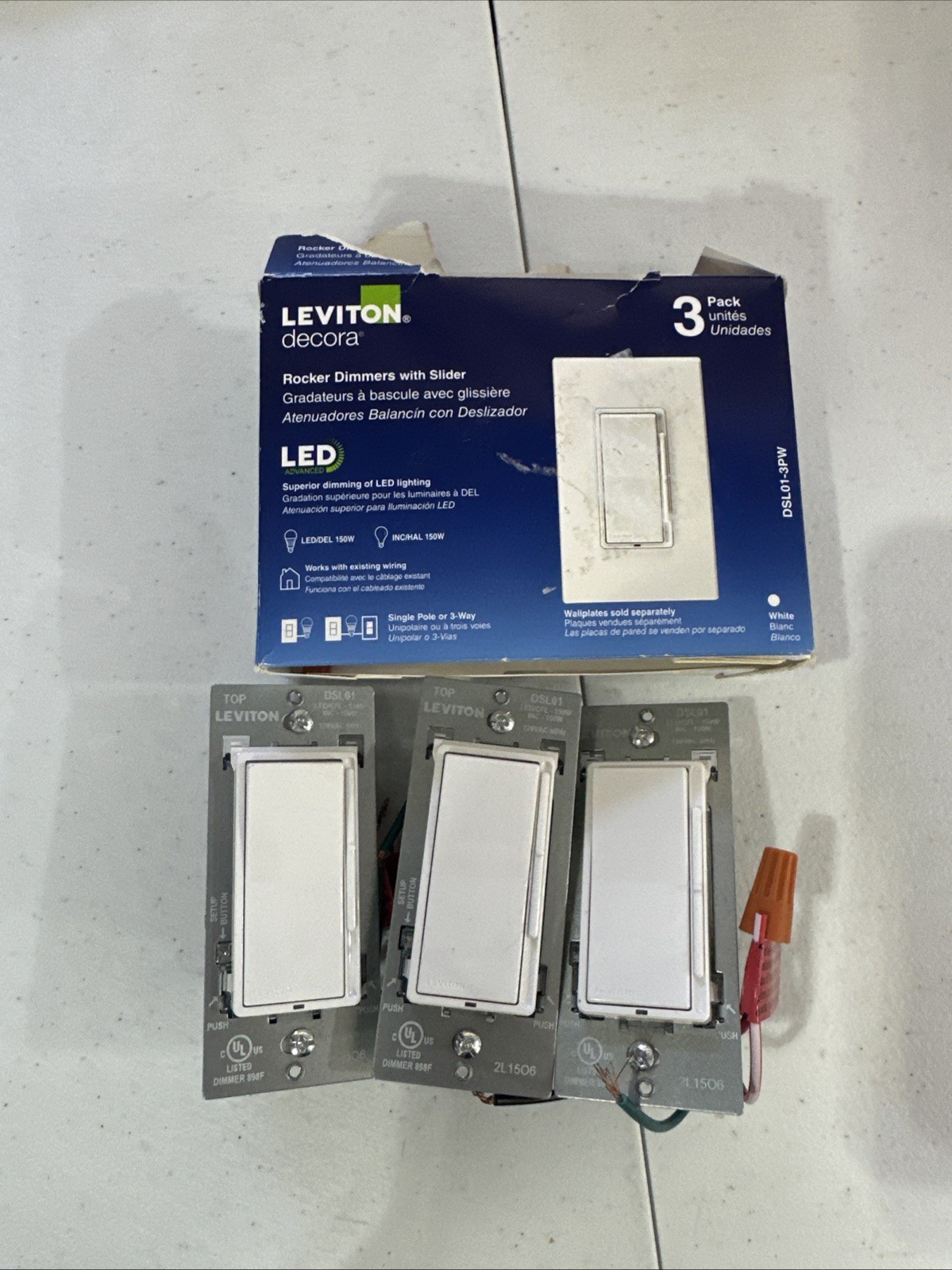 Leviton Decora DSL01-3PW 3 Pack LED Rocker Dimmers with Slider White Open Box