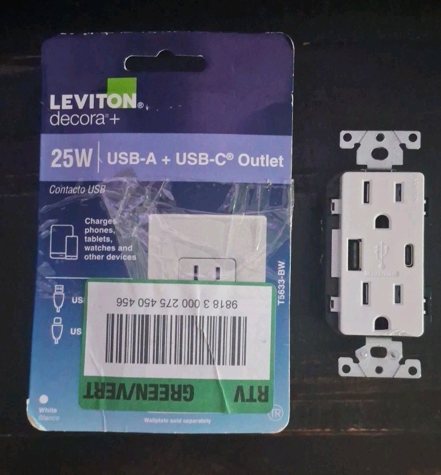 😎 Leviton T5633-BW Decora 25W USB-A USB-C Duplex Outlet WHITE DAMAGED