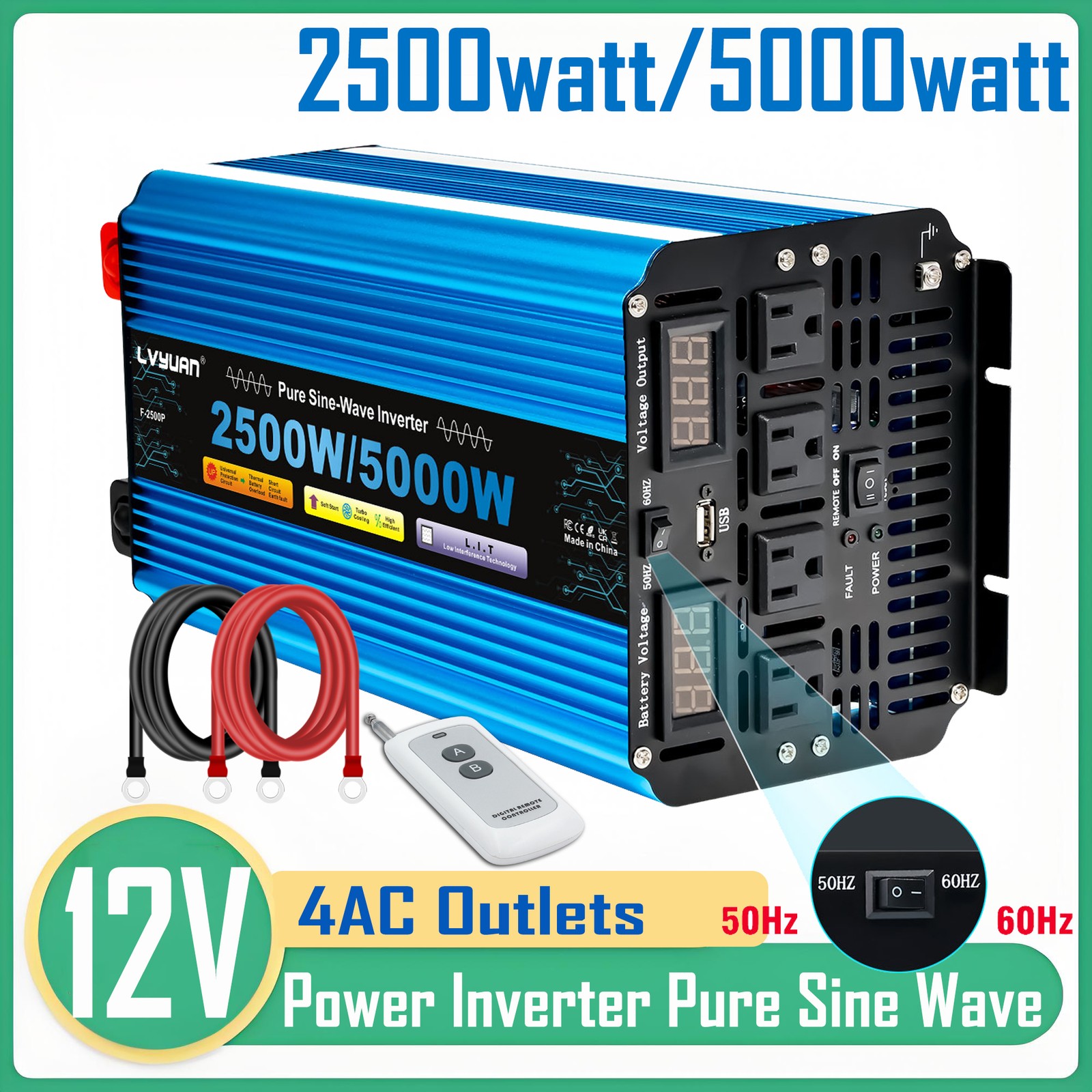 2500W 5000W Pure Sine Wave Power Inverter DC 12V to AC 110V 4AC w/Remote Control