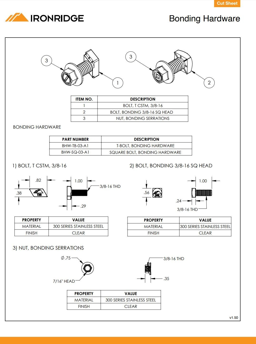 IronRidge BHW-SQ-02-A1 Square Bolt Bonding Hardware