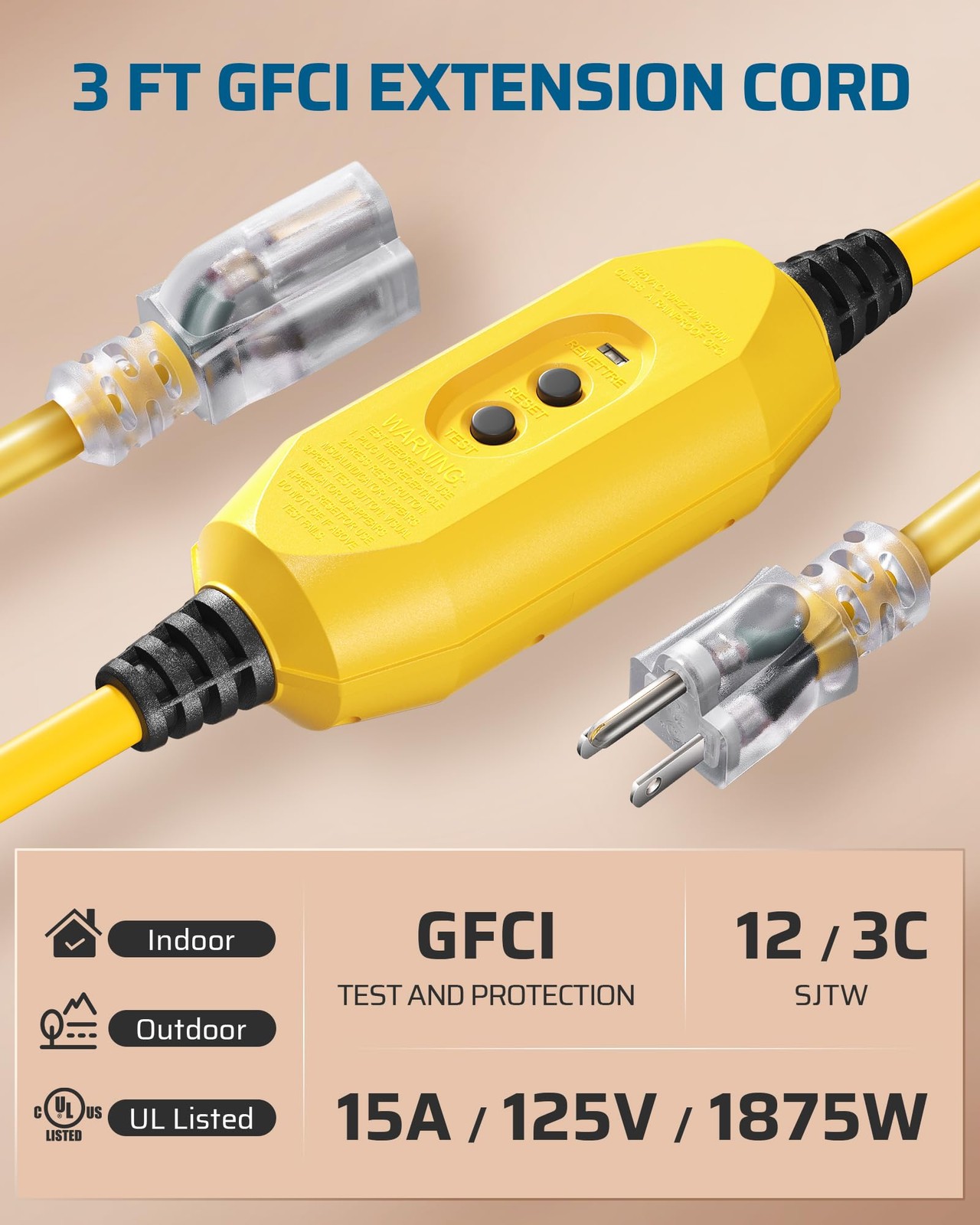 DEWENWILS 3 FT Manual Reset GFCI Extension Cord Outdoor, UL Listed Yellow