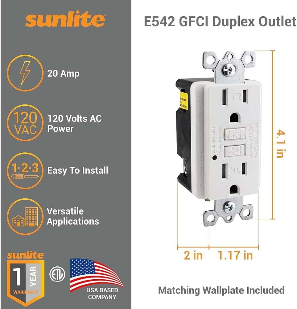 55415 E545 GFCI Duplex Outlet, 20 Amp, 120 VAC, 2 Pole/3 Wire, Tamper Resistant,