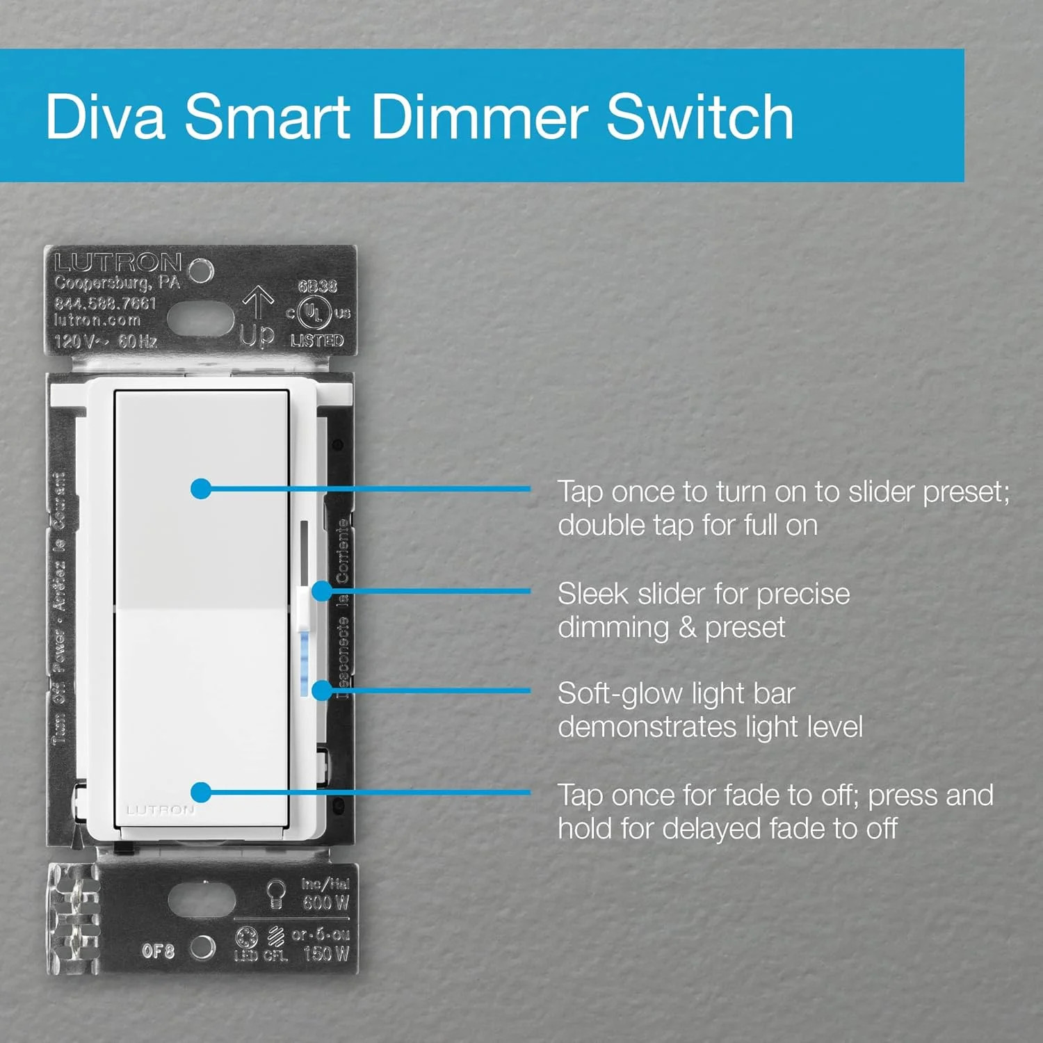 Diva Smart Dimmer Light Switch with Wallplate for Caseta Lighting (Lutron Smart