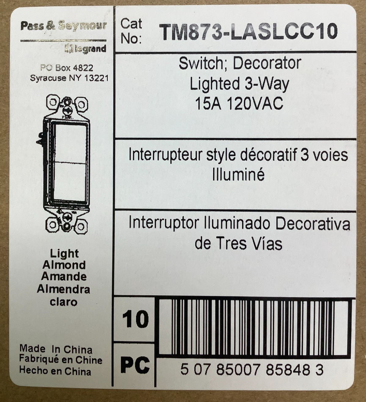 Legrand 15A 3 Way Paddle Wall Switch w/LED Locator, Light Almond, Case of 10