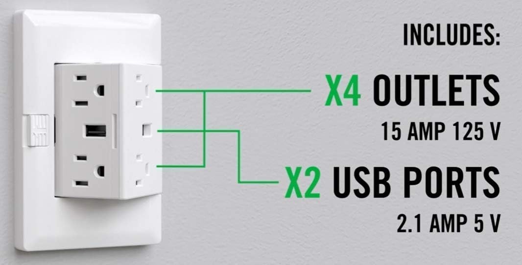 theOUTlet Basic 15 Amp 125 Volt Permanent Outlet Extender 4 + 2 USB Ports White