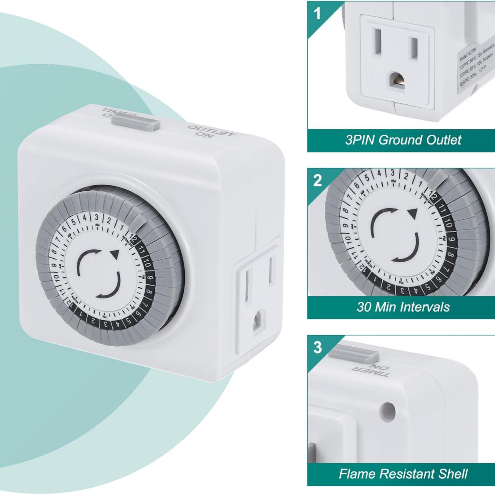 2 Pack 110-125V 3-Pin Timer Switch For Lighting System 24-Hour Programmable
