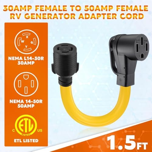 1.5 ft NEMA L14-30R to 14-50R 30Amp RV Generator Adapter L14-30r to 14-50r