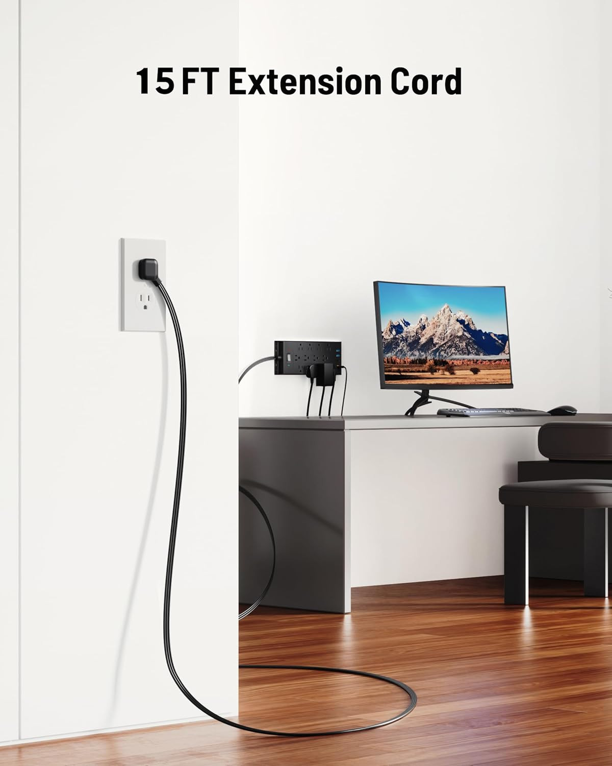 Surge Protector Power Strip 4800J, 15Ft Long Extension Cord Flat Plug, 12 Outle
