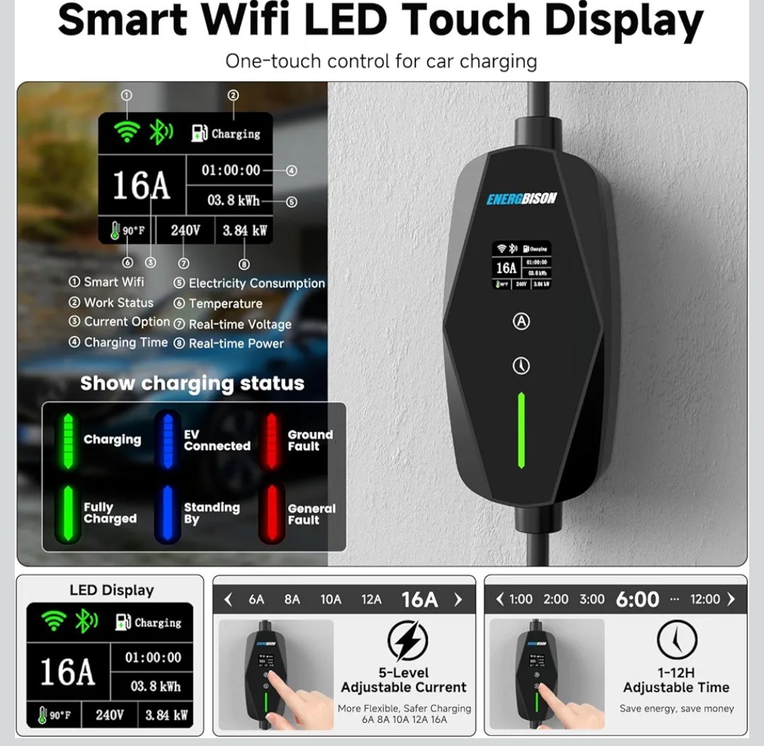 Engerbison Level 1&2 Portable EV Charger (WiFi) with App Control, 8-16Amp…