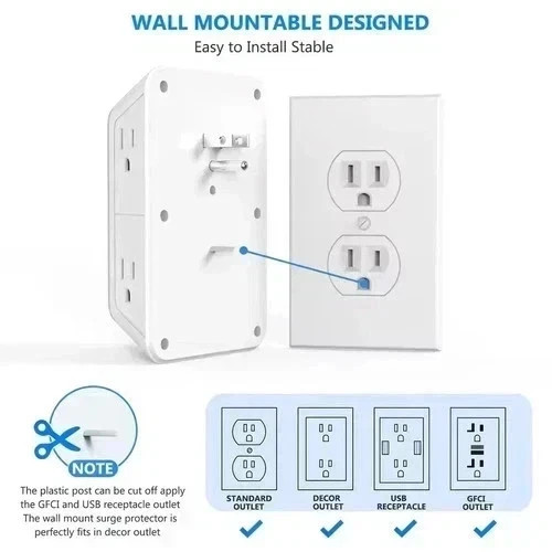 6 Outlet Extender Surge Protector Multi Plug Wall Adapter 4 USB Charger Ports