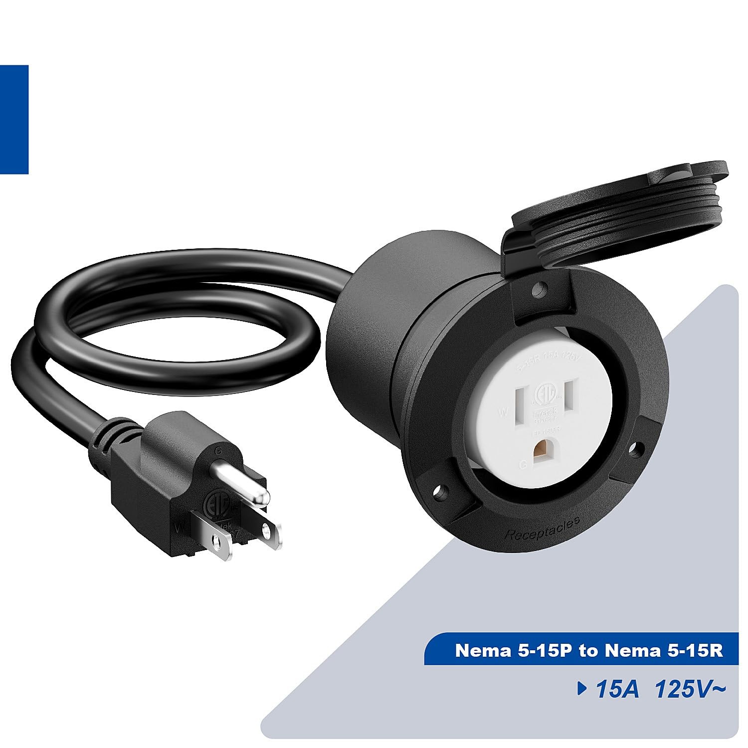 (1.6Feet) Waterproof 15Amp 125V Outdoor Power Outlet Extension 1.6FT, black