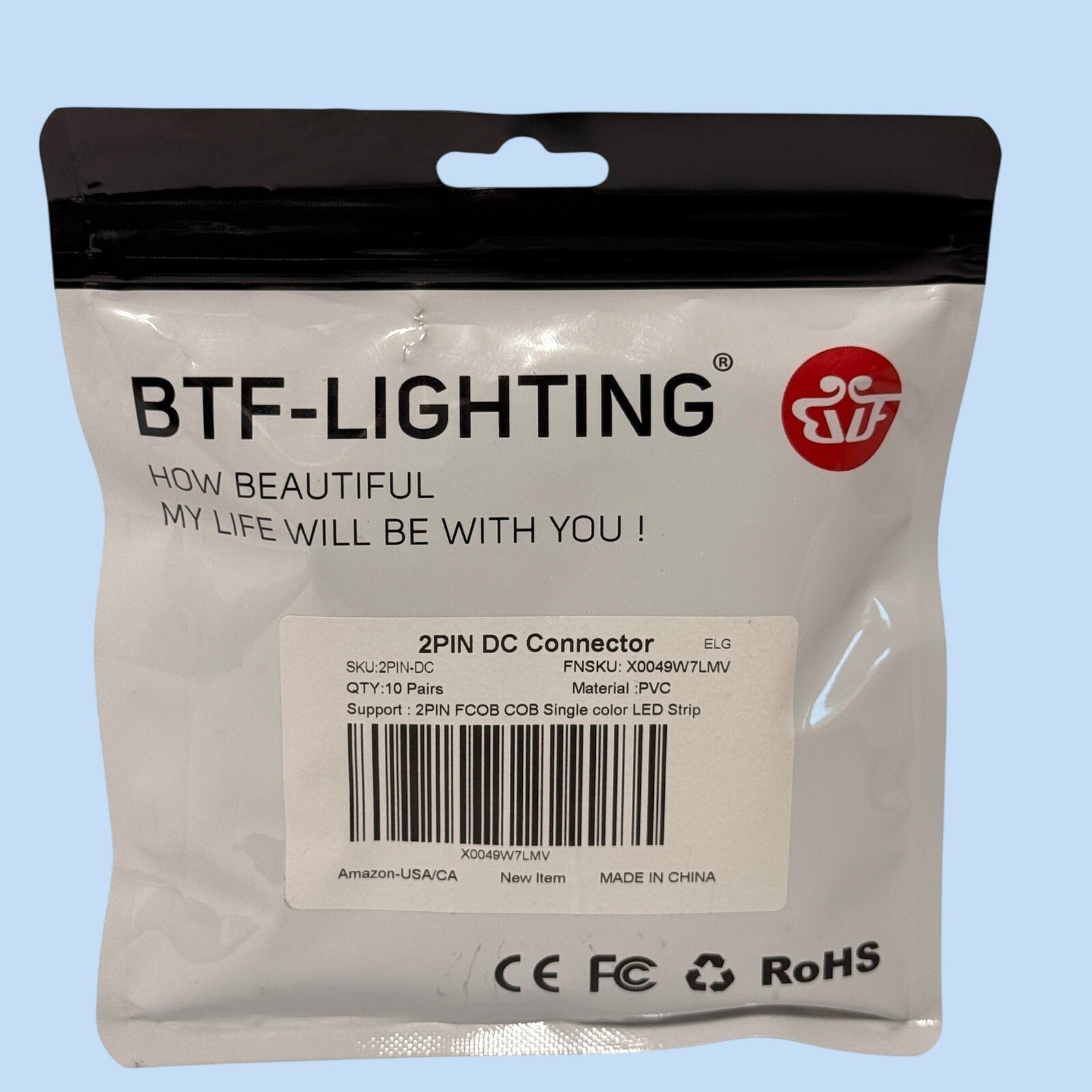 BTF-LIGHTING 10 Pairs 2PIN DC Connector for FCOB COB Single Color LED Strip PVC